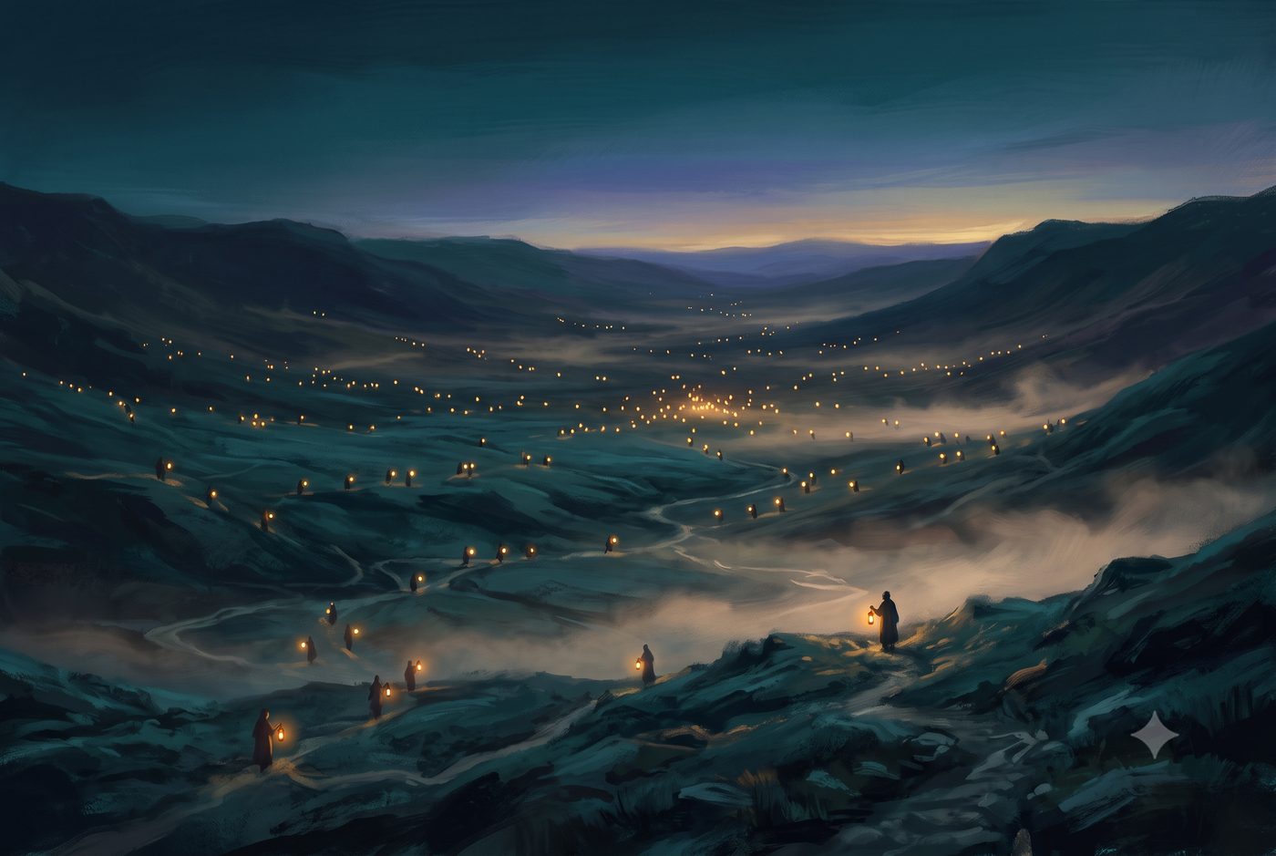 A vast twilight valley in mist, dotted with many small figures each carrying a lantern, their scattered warm lights glowing against the blue dark as they walk toward a distant dawn.