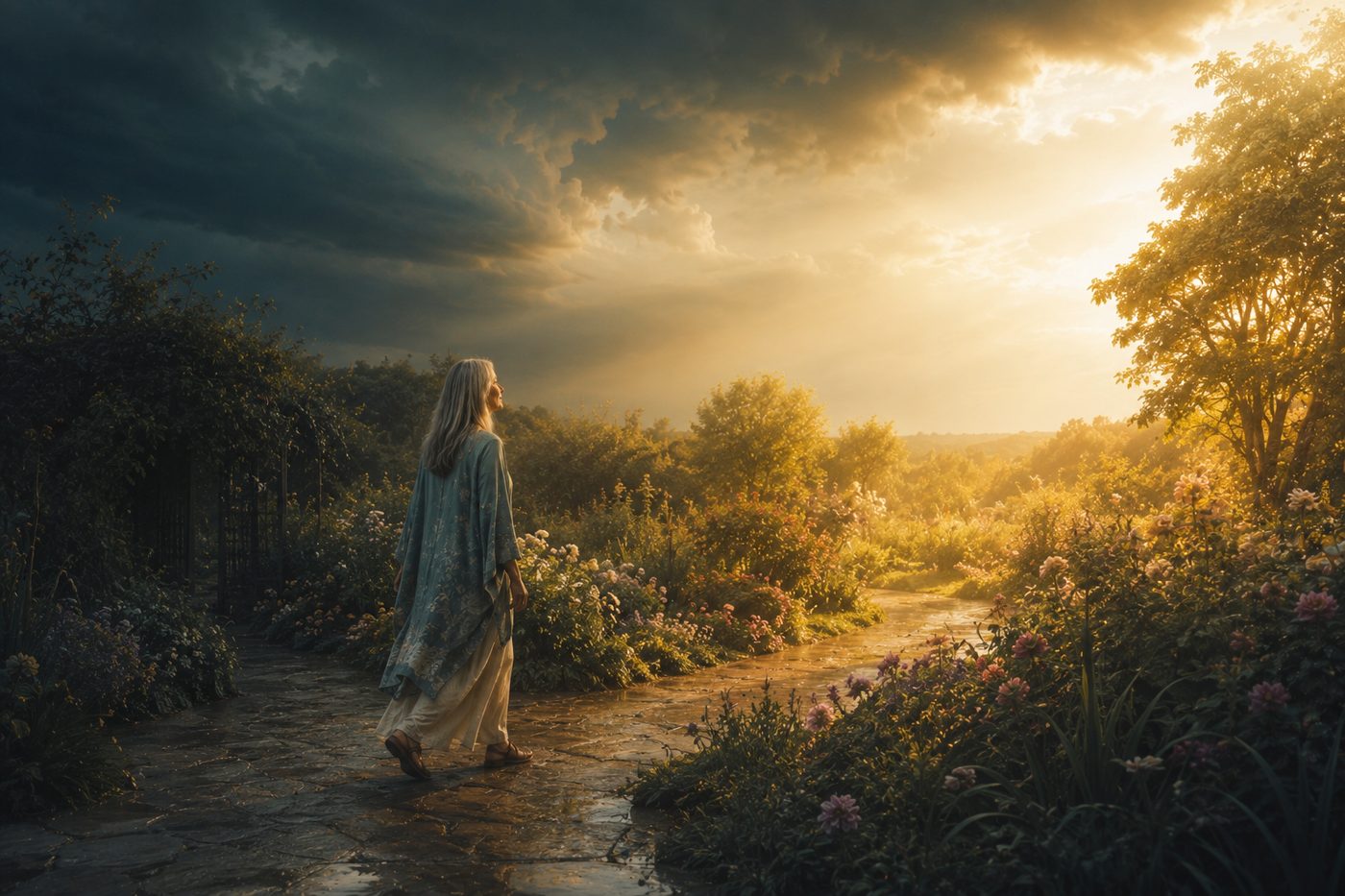 A woman with long silver hair walks from storm shadow into golden light in a garden, her posture easing as the light reaches her.