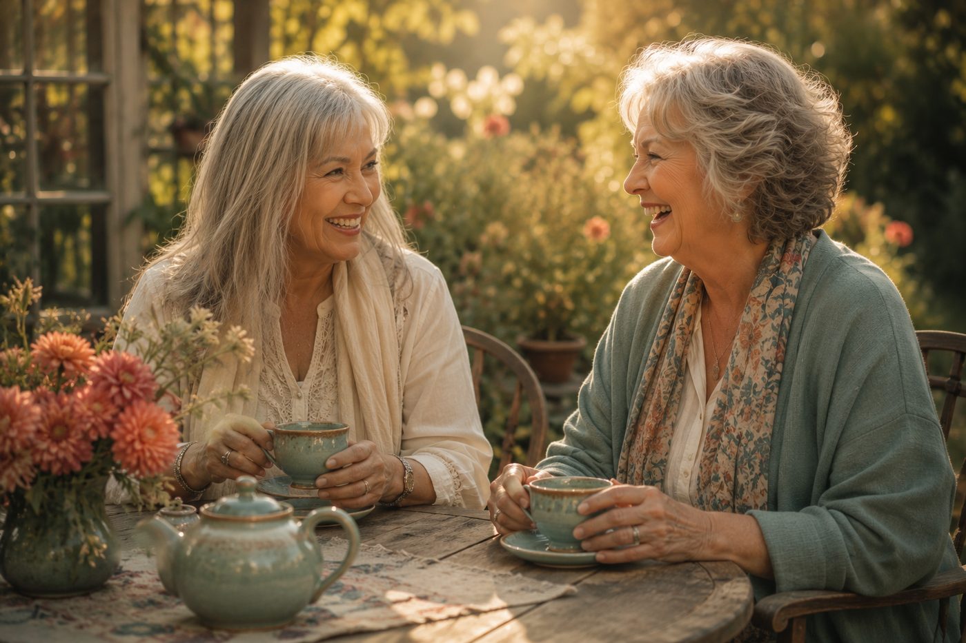 Two women in their sixties laugh together over tea at a garden table in warm late-afternoon light.