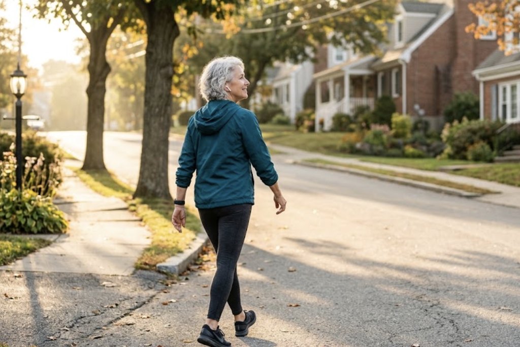 A woman with silver hair in a teal jacket walking away up a quiet tree-lined residential street in early morning light, one earbud in, long shadows across the pavement.