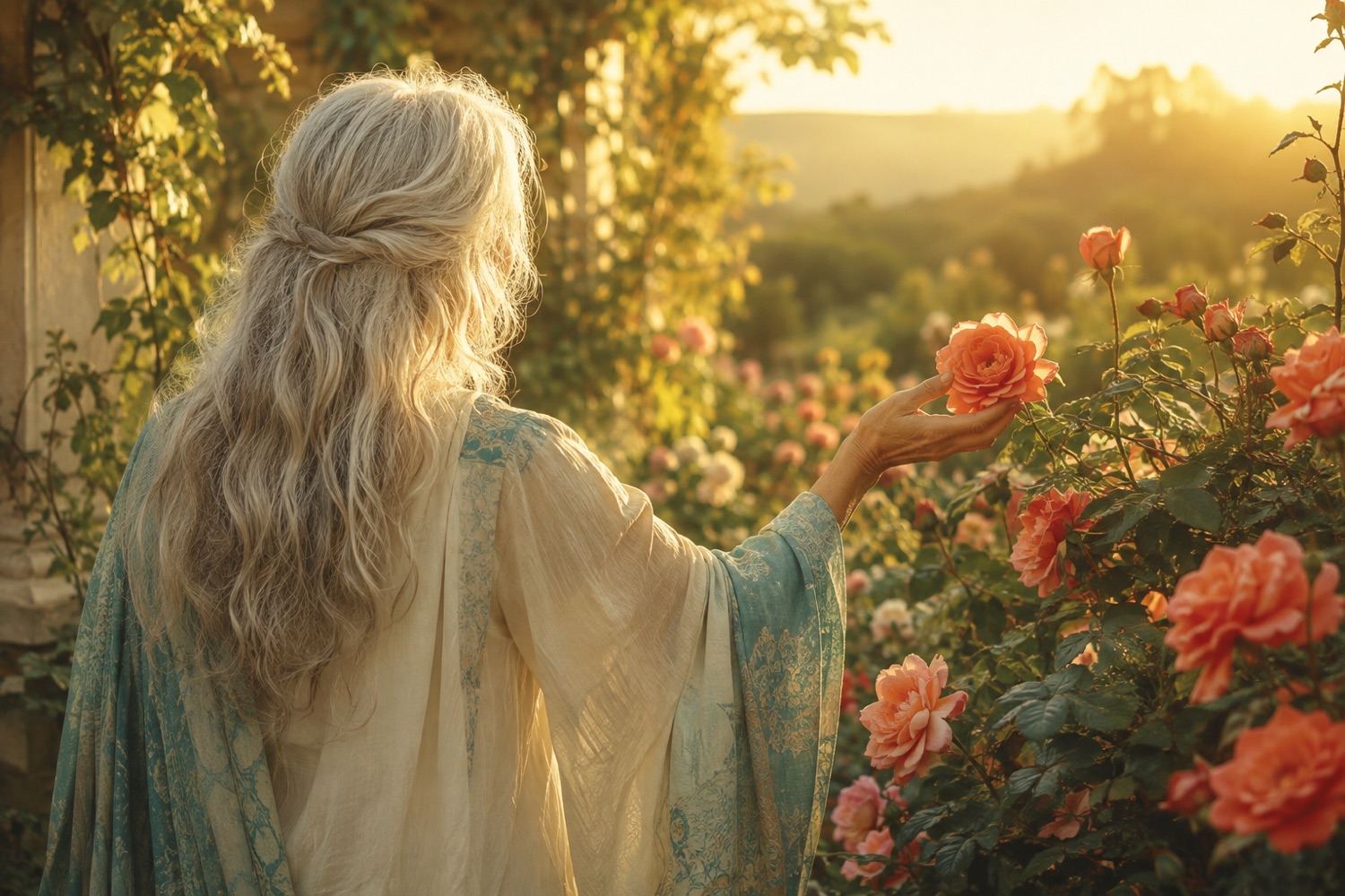 A woman in her sixties with long silver hair, seen from behind in a sunlit rose garden, reaching to gently cup a single open rose, turning toward beauty in the golden evening light.