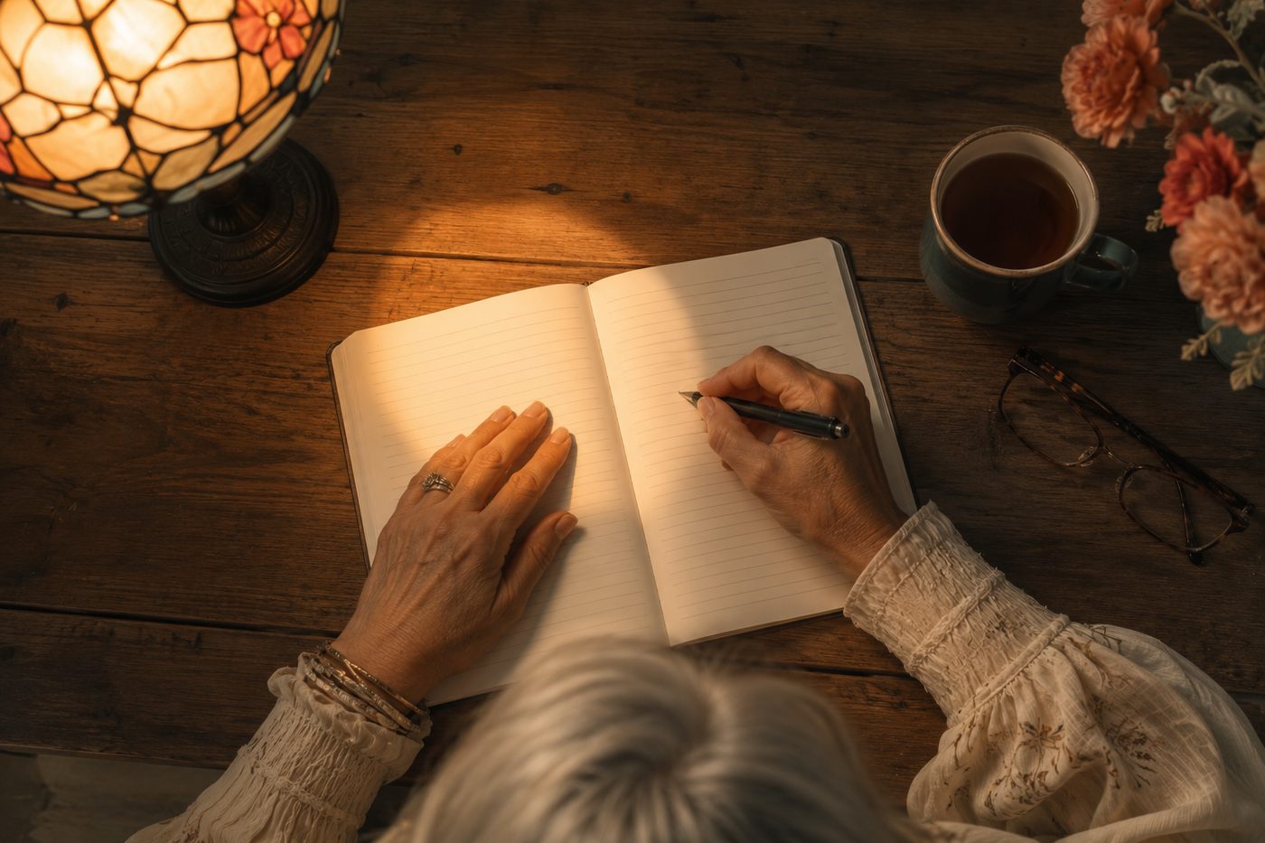 Overhead view of a woman's hands writing in an open journal by lamplight, the glow falling across the page in a soft heart shape.