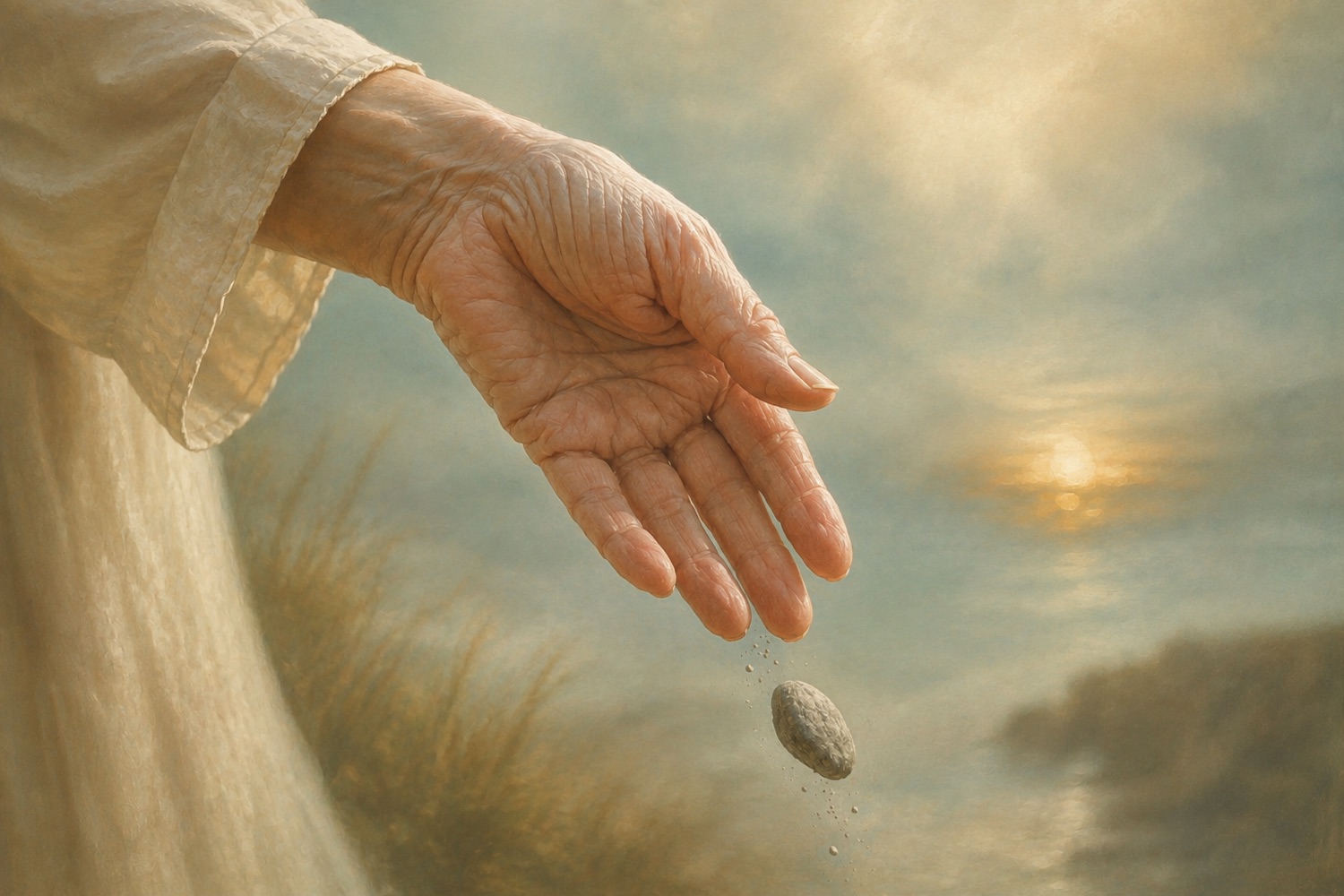 Close-up of a woman's aged hand tilted open as a small grey stone falls from her fingers, the quiet gesture of setting something heavy down, in soft painterly light.