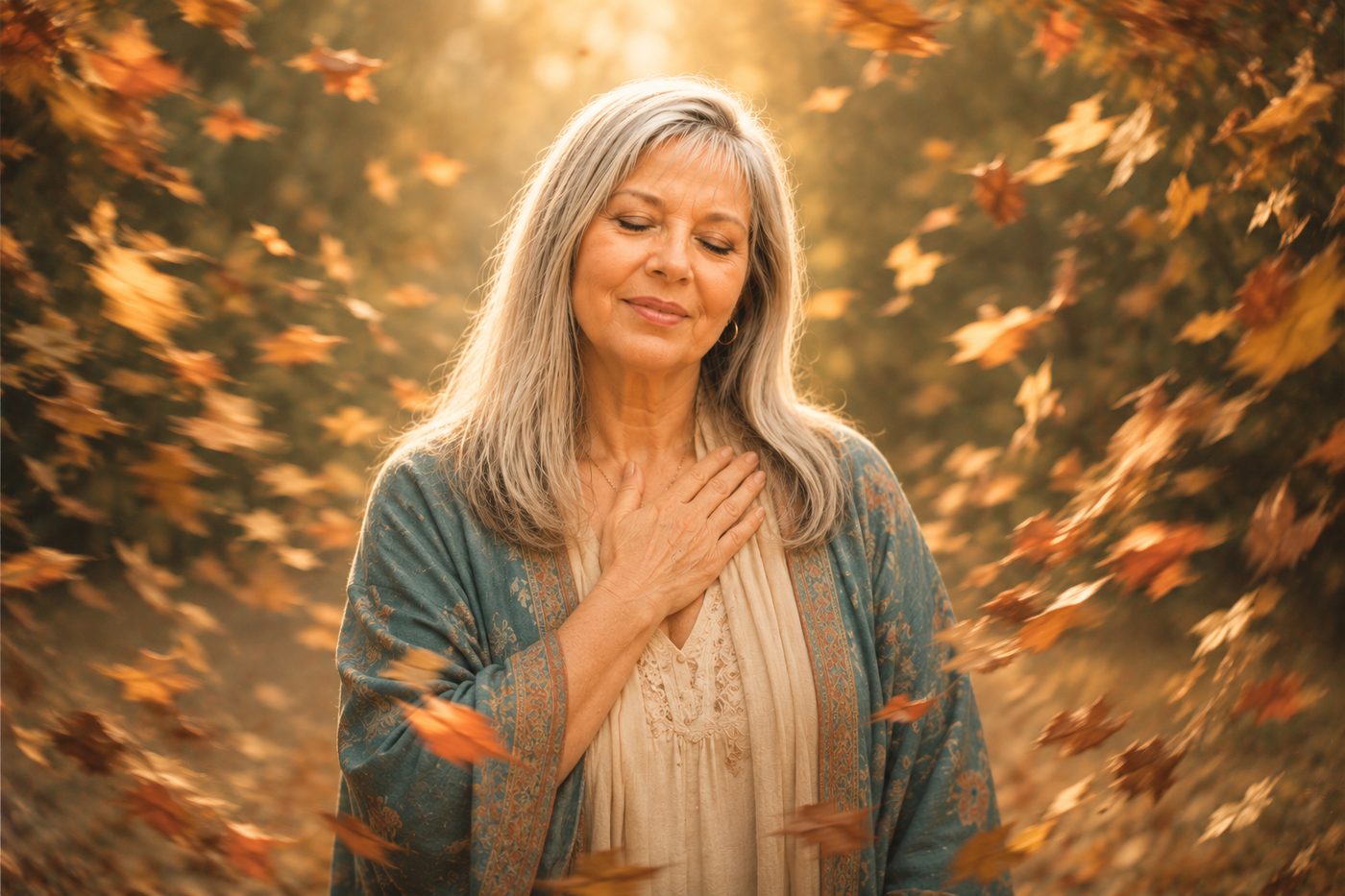 A woman with long silver hair stands still, hand on her chest and eyes closed, as autumn leaves blur in motion around her.