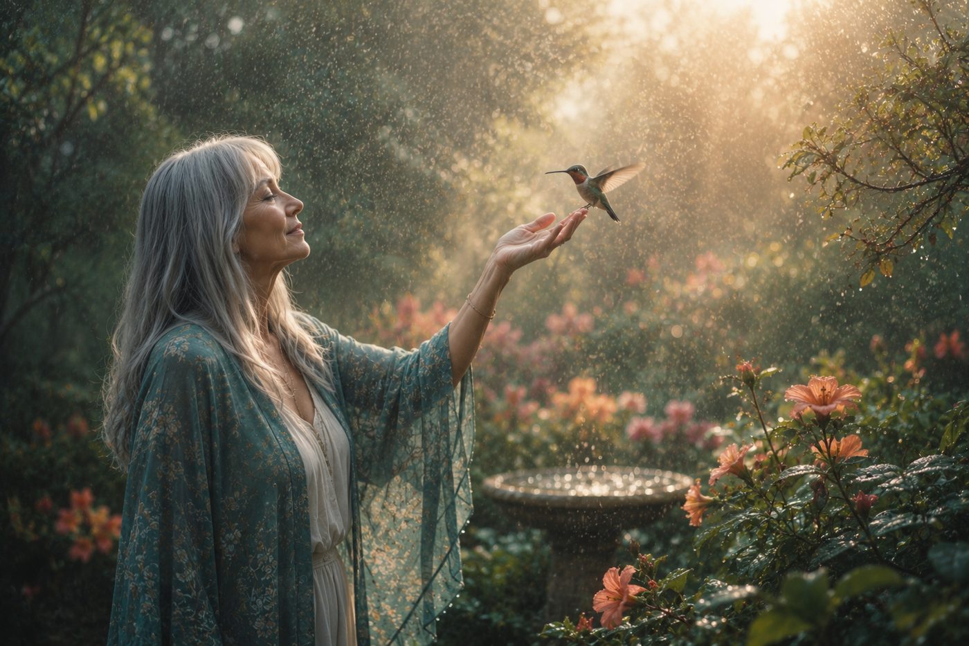 A woman with long silver hair in a rain-sparkled garden lifts one hand as a hummingbird hovers at her fingertips, her face open with wonder.
