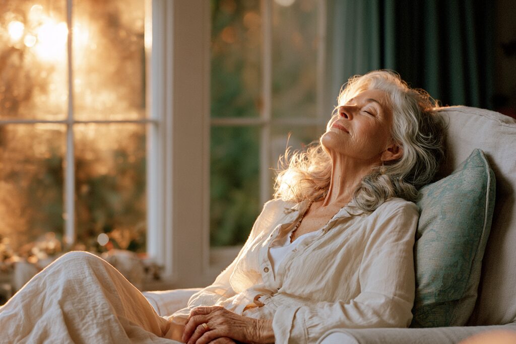 An older woman with silver hair resting back in a cream armchair by a tall window, eyes closed and hands folded, warm golden evening light coming through the glass behind her.
