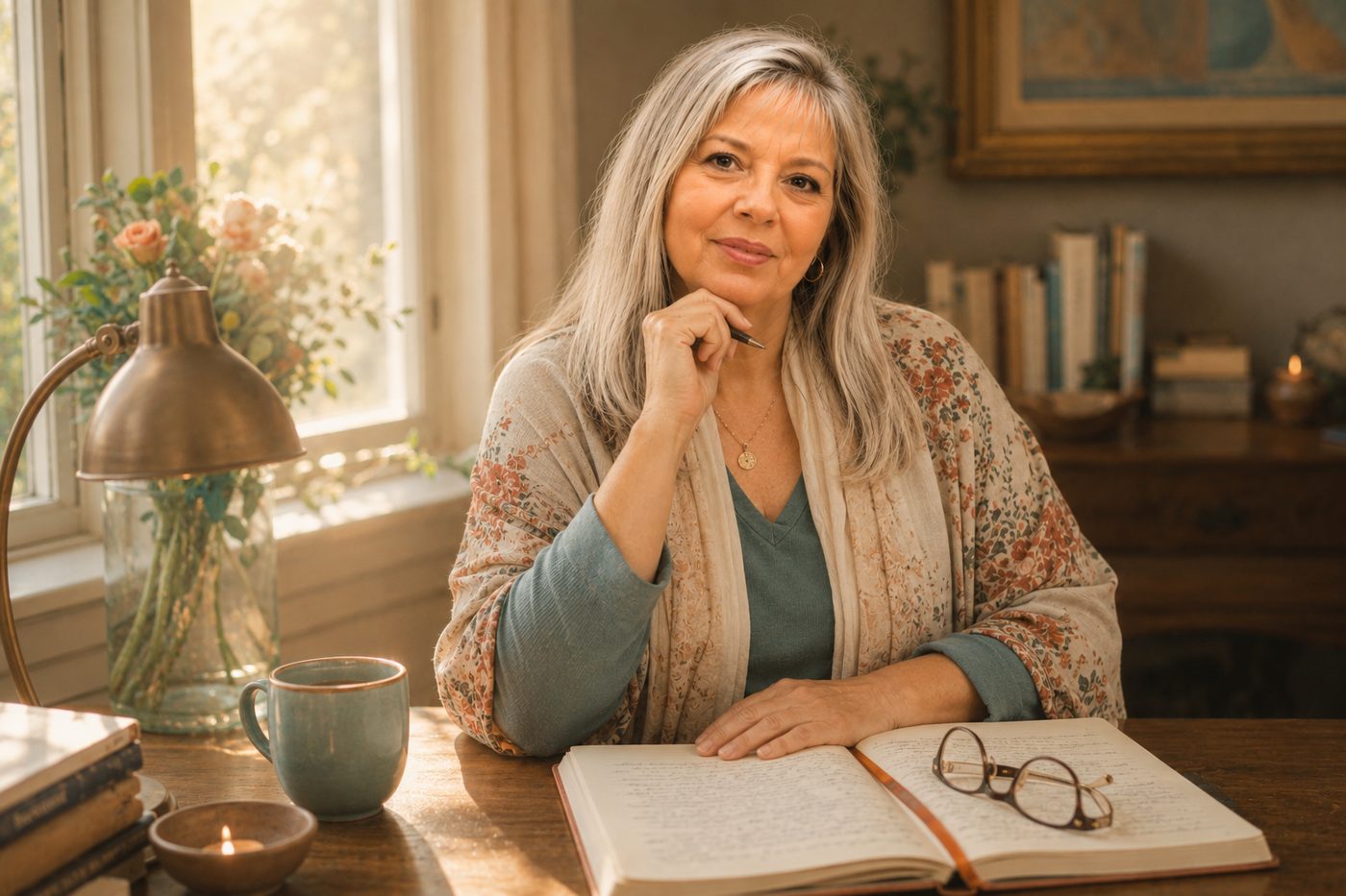 A woman with long silver hair sits at a desk with an open journal and reading glasses, thoughtful and clear-eyed in morning light.