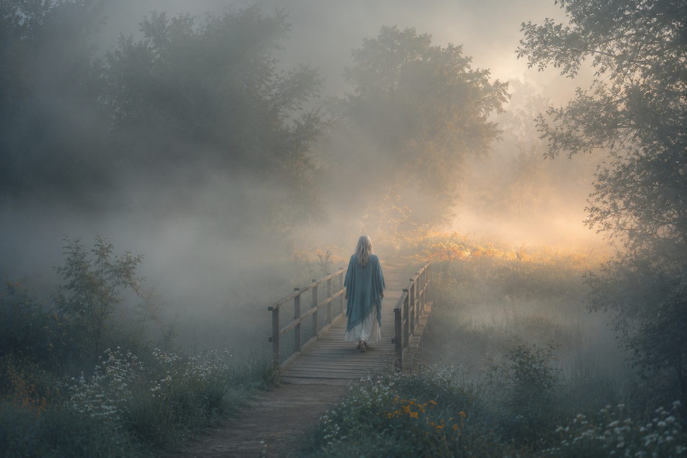 A woman with long silver hair crosses a small wooden bridge in silver morning mist, the far side glowing with warm light and wildflowers.