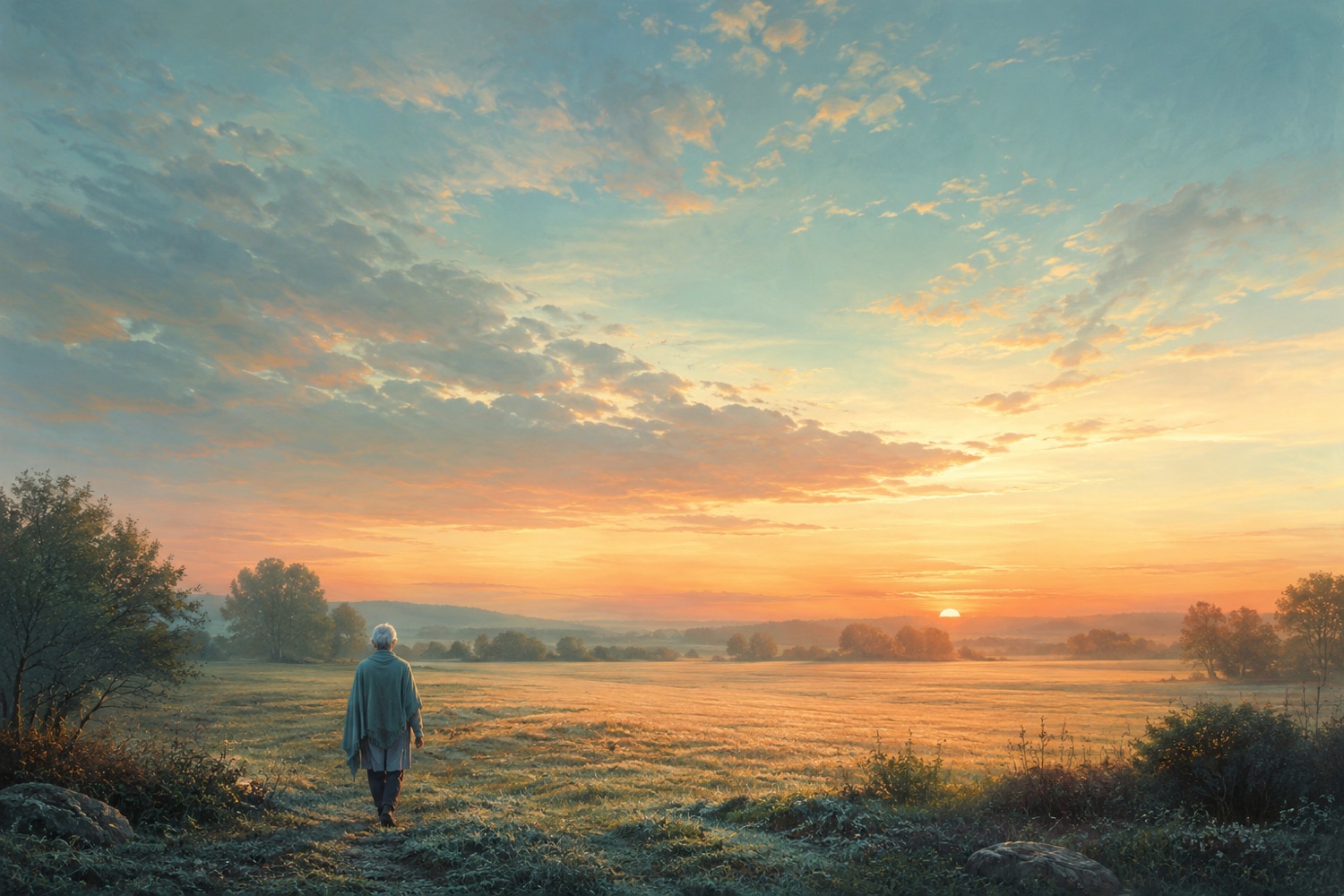 A woman in her sixties with long silver hair, small and seen from behind, steps into a wide dew-lit meadow at dawn as the sun rises over distant hills, the open ground warming from cool blue into gold.