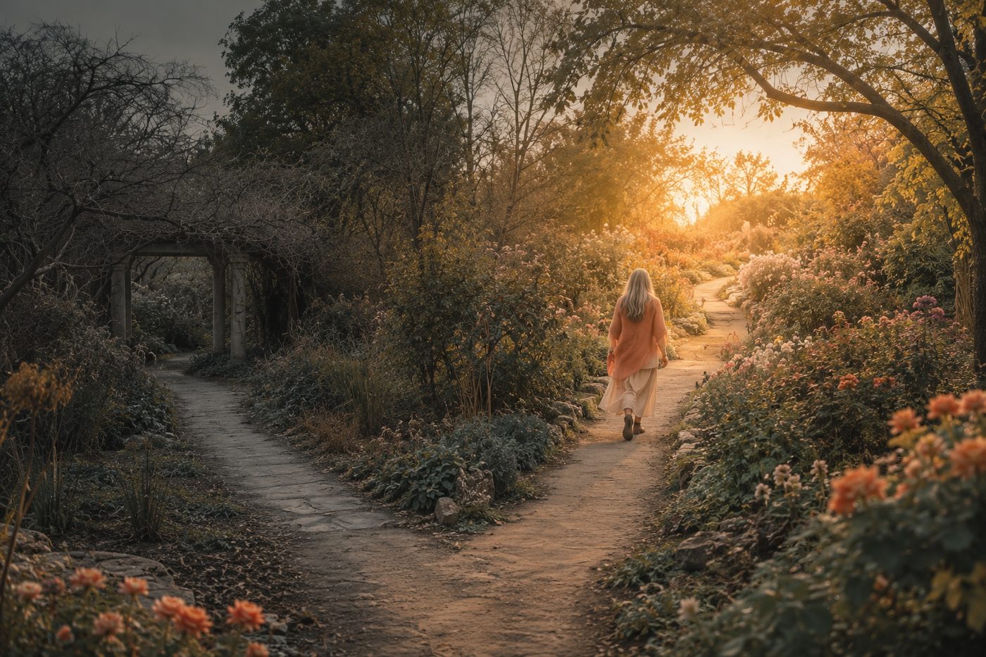 A garden path forks, one branch grey and overgrown, the other opening into warm light; a woman with long silver hair steps onto the lit path.