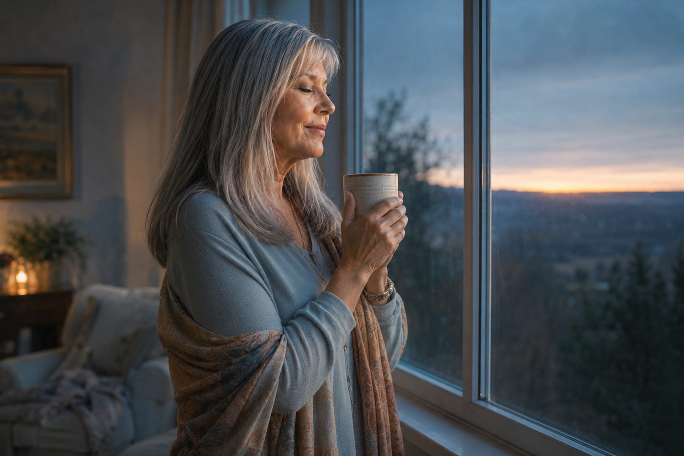 A woman with long silver hair wrapped in a shawl holds a warm mug at a window in blue pre-dawn light, the first gold at the horizon.