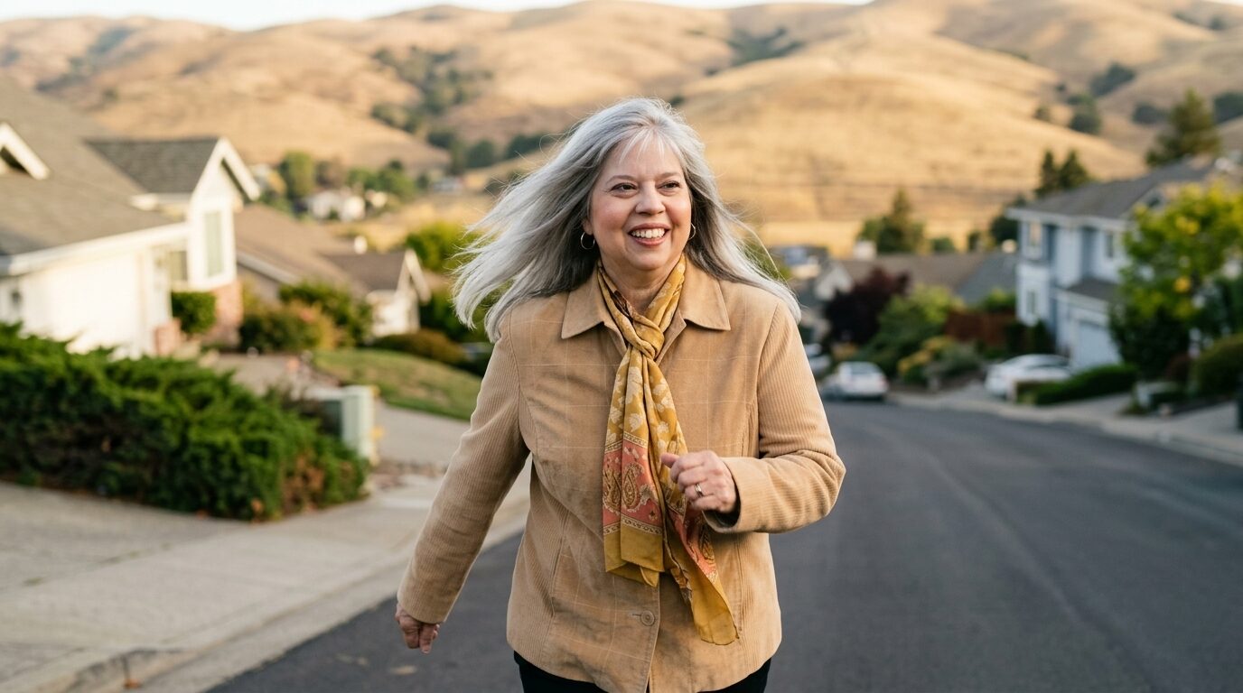 Kristin Milan, a smiling woman with long silver hair in a tan corduroy jacket and gold scarf, walking briskly uphill on a neighborhood street with golden California hills rising behind her.