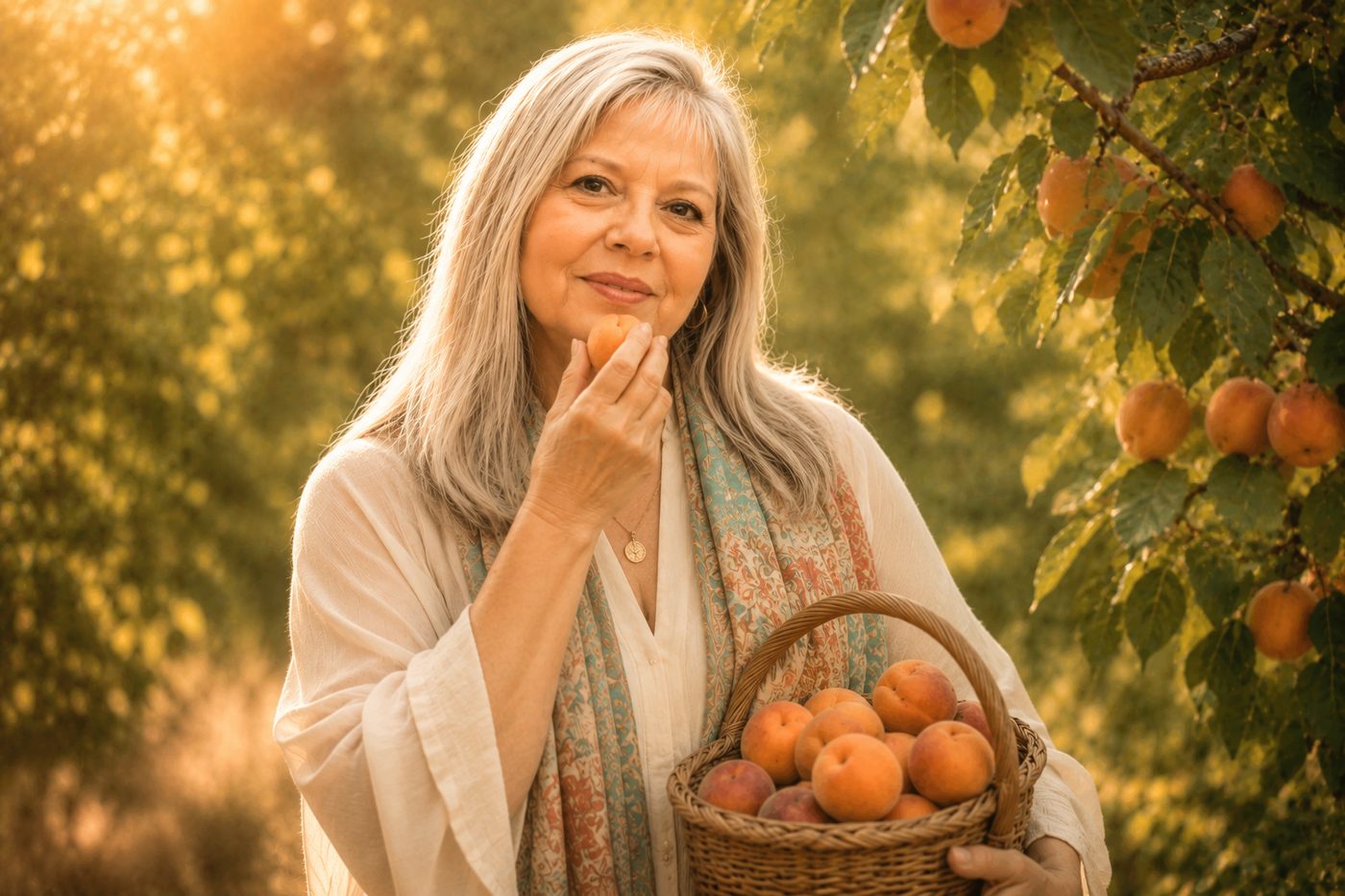 A woman with long silver hair stands beneath an apricot tree in golden light, tasting ripe fruit with quiet delight.