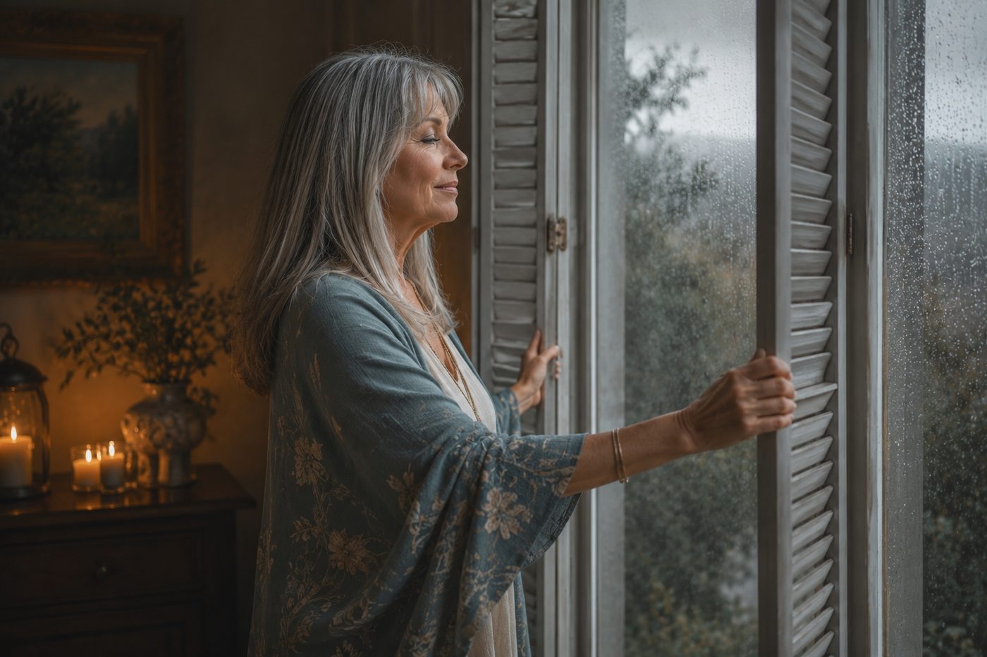 A woman with long silver hair opens tall shutters on a grey rainy morning, silver daylight meeting warm candlelight across her face.