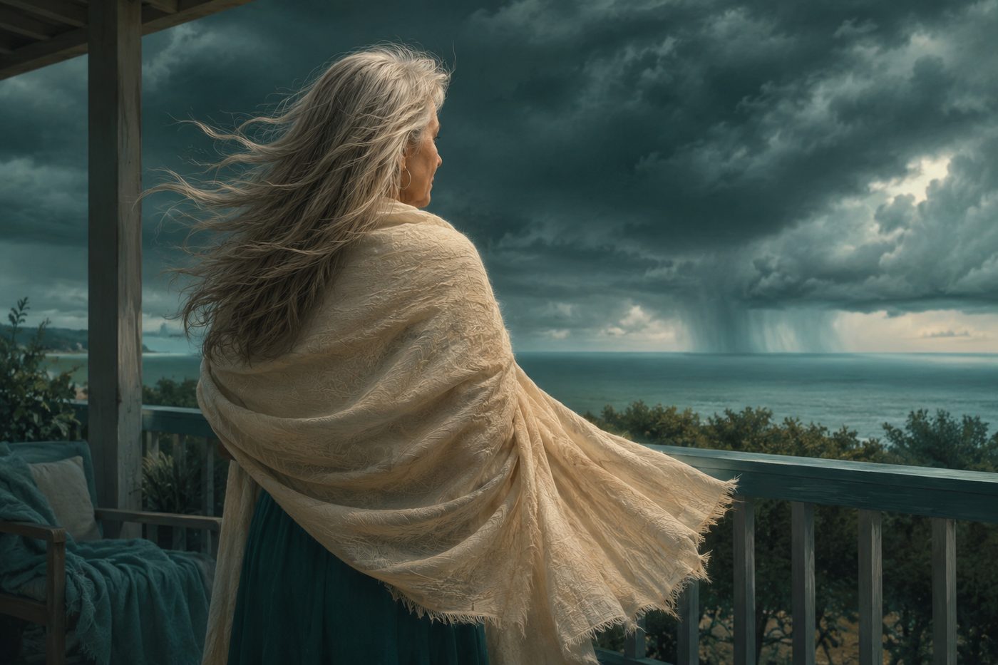 A woman with long silver hair stands grounded on a porch as a strong wind moves her hair and shawl, a grey-teal storm sky behind her.