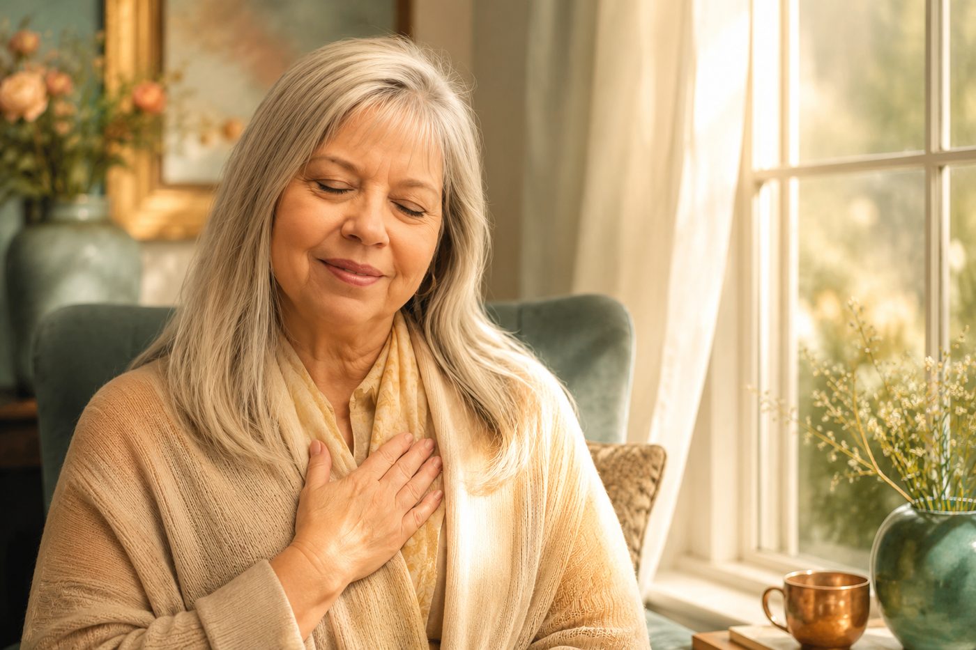 A woman with long silver hair sits by a bright window, eyes closed, one hand over her heart in quiet certainty.