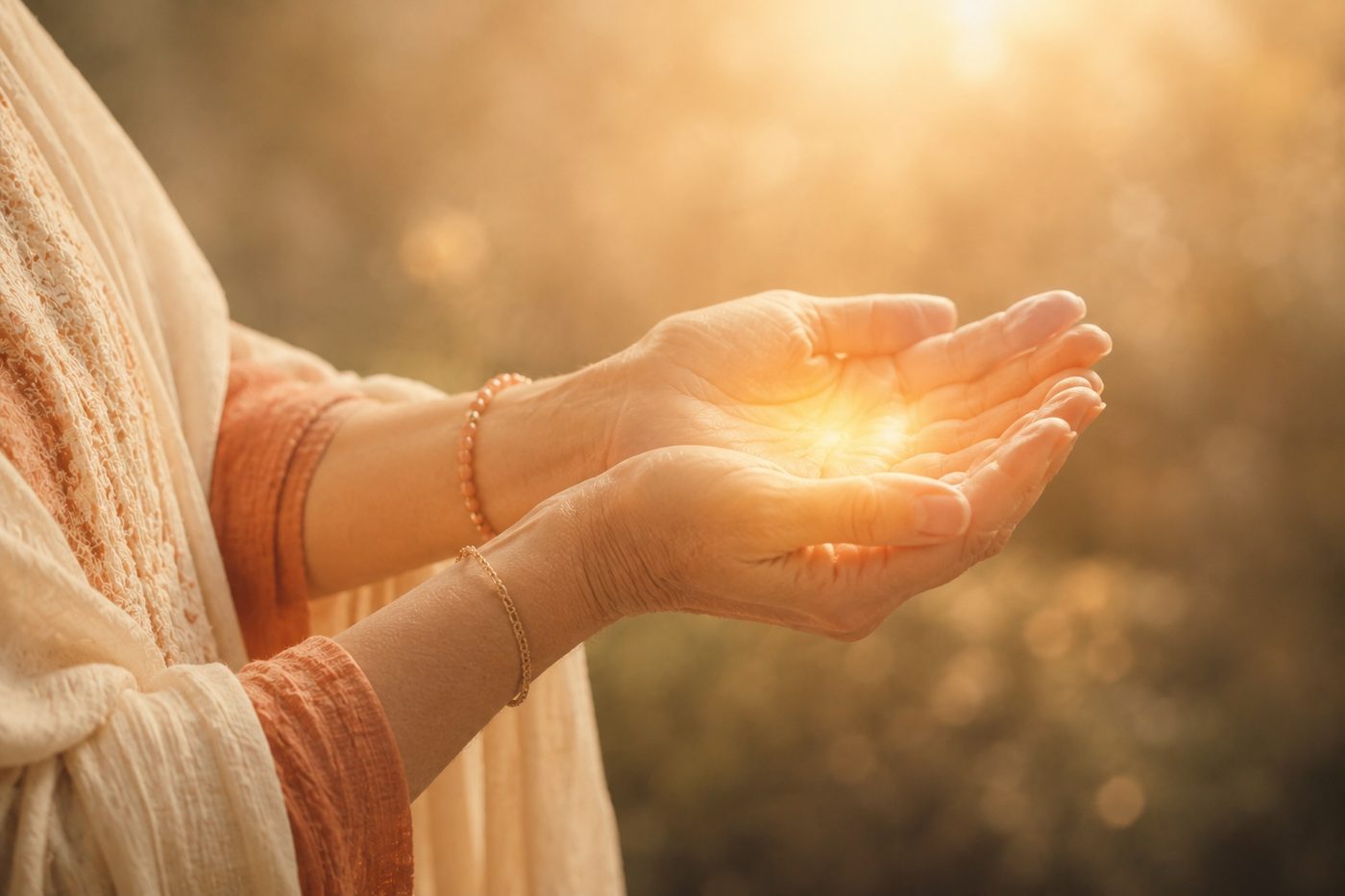 Close-up of a woman's open, cupped hands with warm golden light pooling in her palms, like a gift being received.