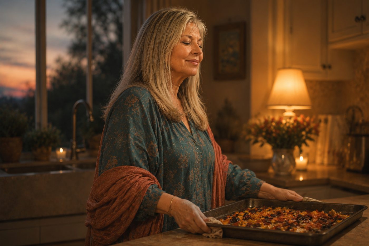 A woman with long silver hair sets a heavy tray down in a dusk kitchen and exhales, her shoulders dropping, one lamp glowing.