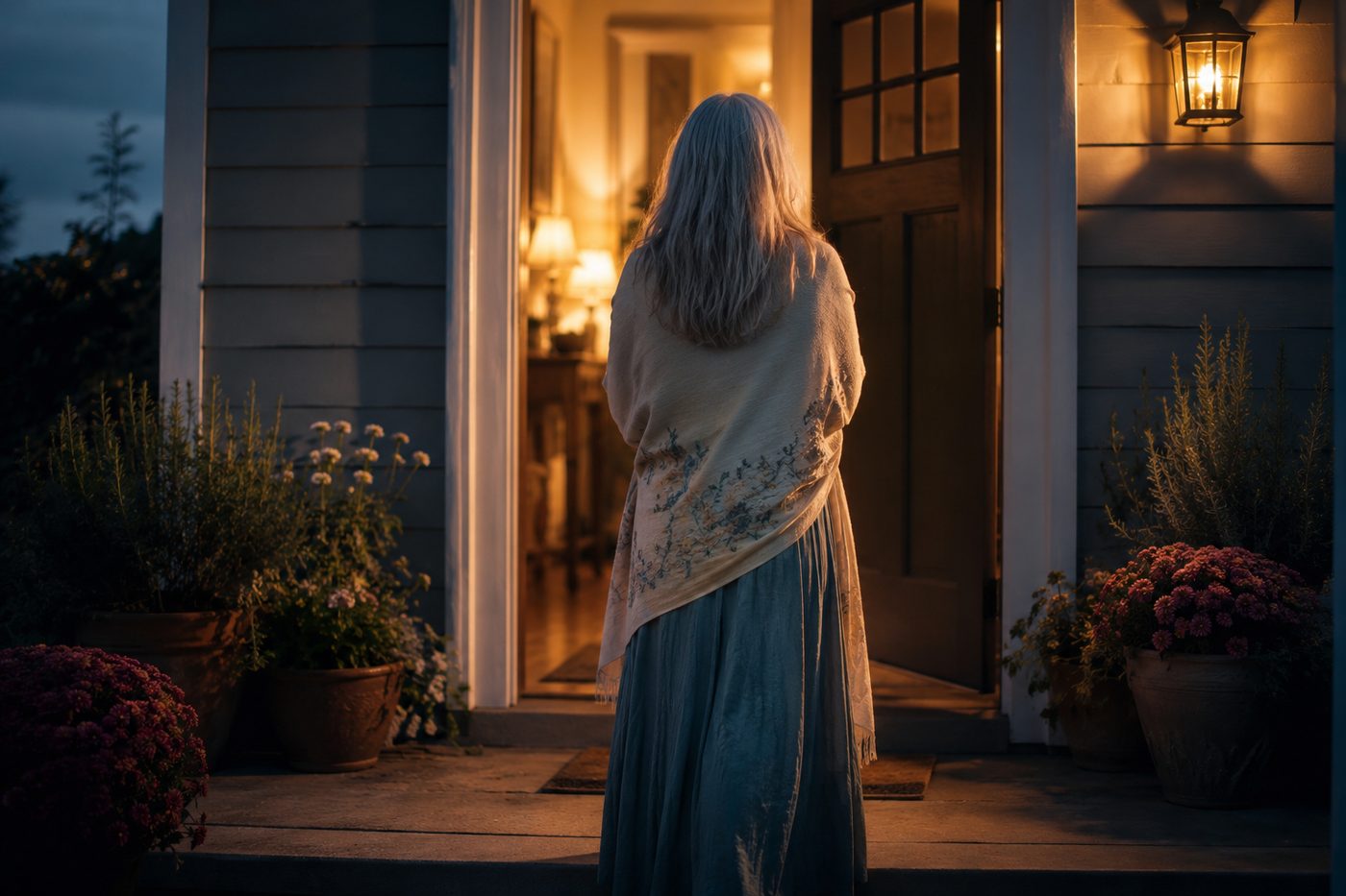A woman with long silver hair, seen from behind at her own front door at dusk, warm golden light spilling out of the house over her.