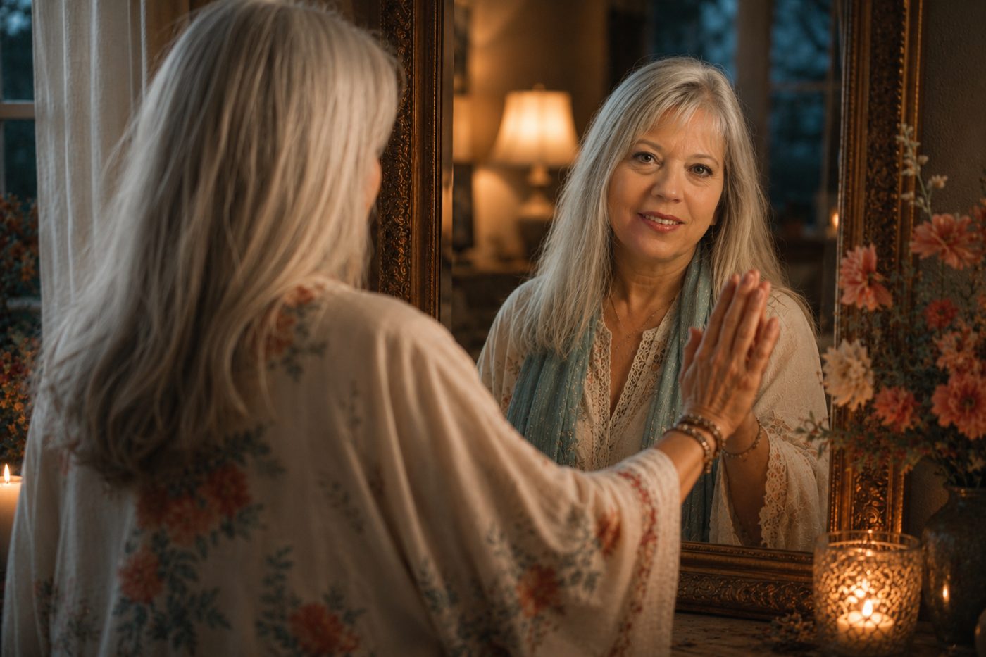 A woman with long silver hair faces a softly lit mirror and touches the glass gently, her reflection warm and truly alive.
