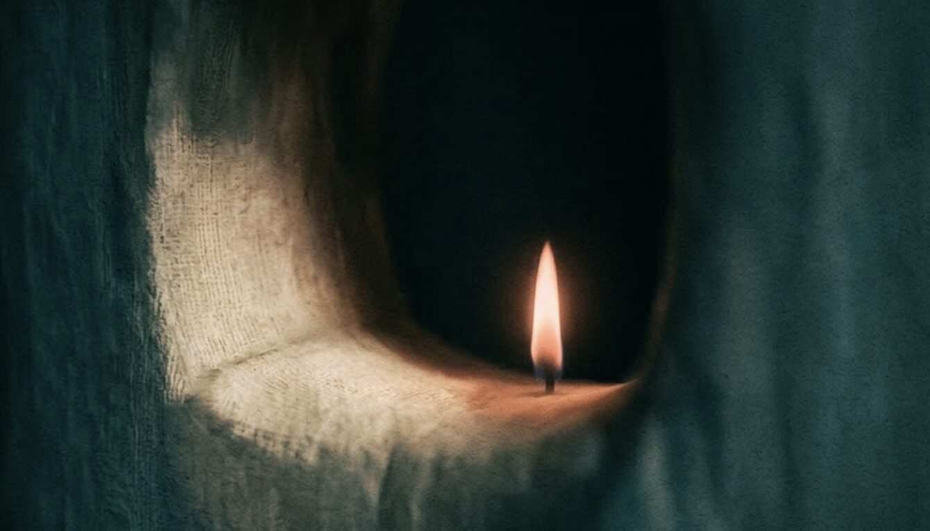 A single small candle flame burning in a dark alcove framed by deep teal fabric, its warm light spilling across a curve of pale cream stone.