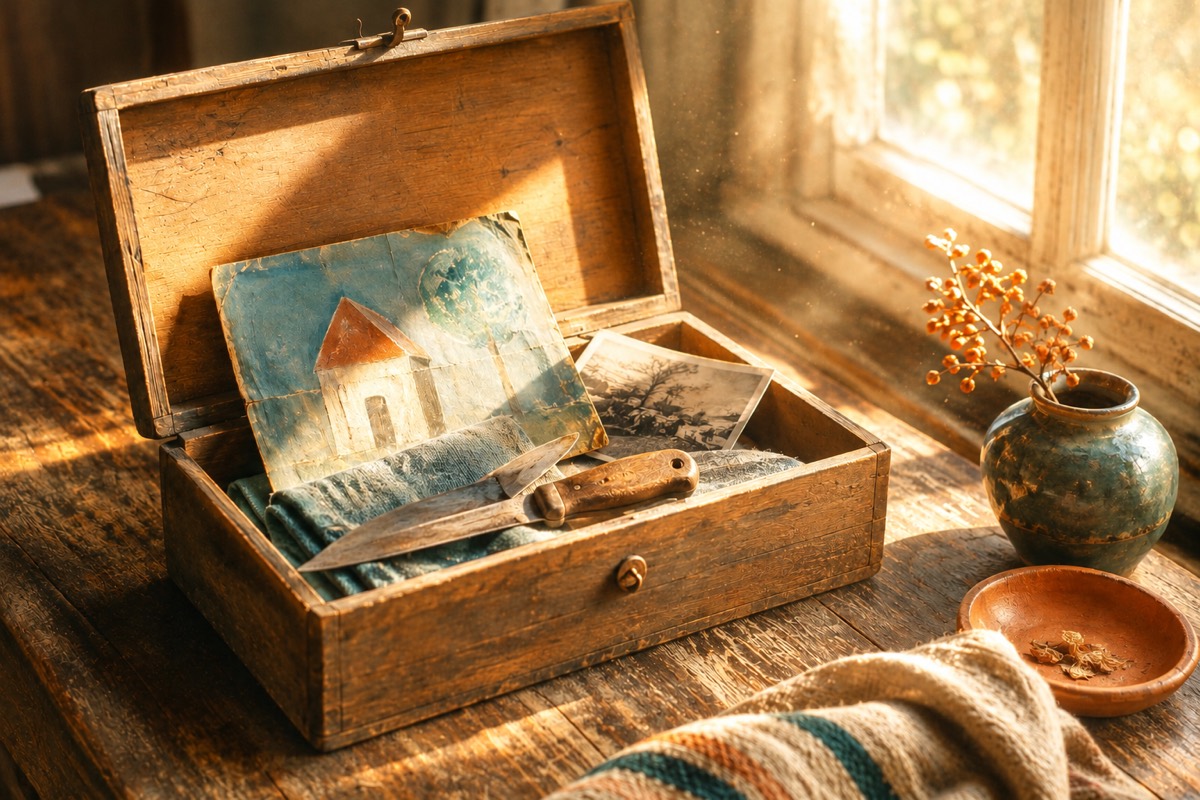 An open wooden keepsake box on a rustic table in warm window light, holding a child's painting of a house and tree, an old photograph, a folded teal cloth, and a worn wooden-handled kitchen knife, with a blue-green vase of dried flowers beside it.