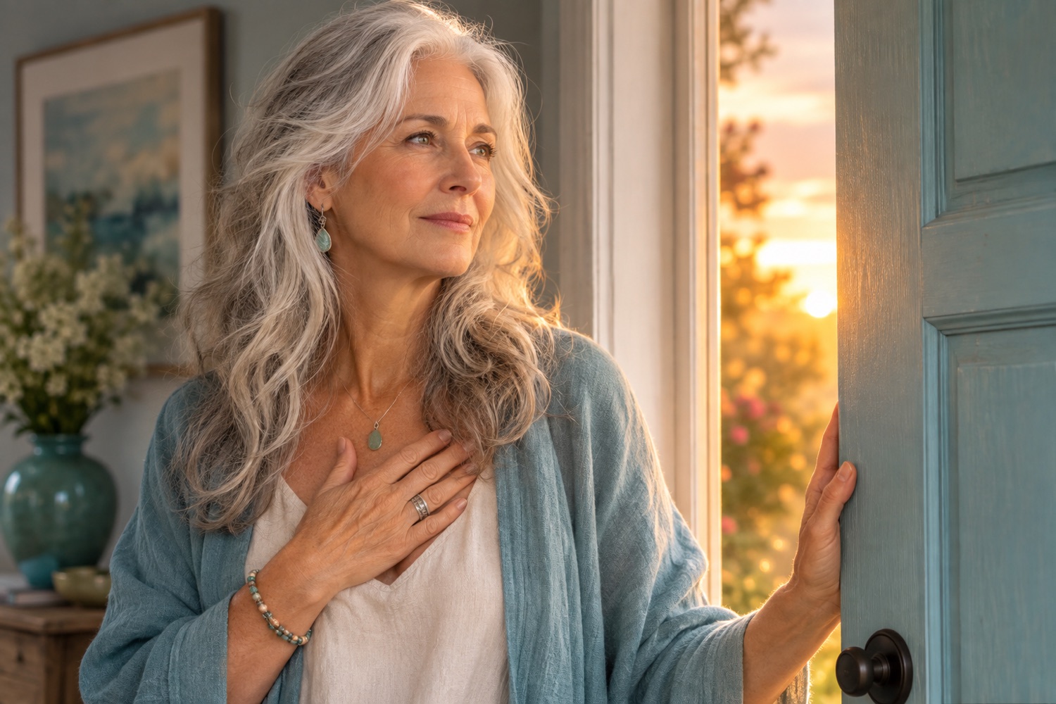 A woman in her sixties with long silver hair stands at a partly open door in warm evening light, one hand resting over her heart and the other on the door's edge, calm and unhurried.